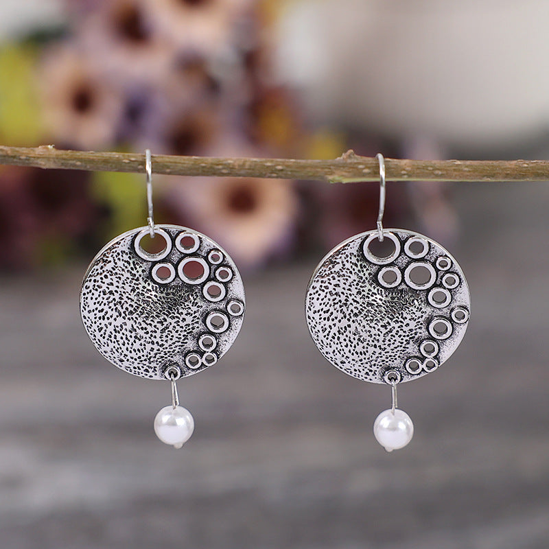 Artisan Circle Earrings - Hammered Silver Disc with Pearl Drop and Geometric Cut-Outs