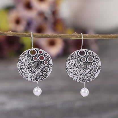 Artisan Circle Earrings - Hammered Silver Disc with Pearl Drop and Geometric Cut-Outs