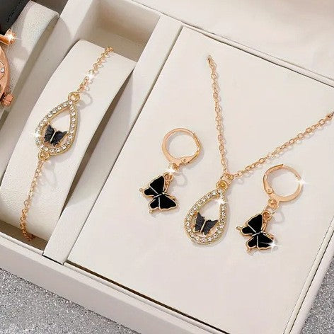 Butterfly Crystal Jewelry Set - 4-Piece Necklace Earrings Bracelet Ring Set in 4 Colors