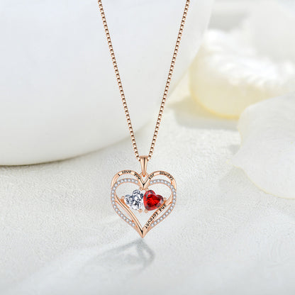 Double Heart Birthstone Necklace - S925 Silver "I Love You" Pendant with Crystal Hearts in Rose Gold