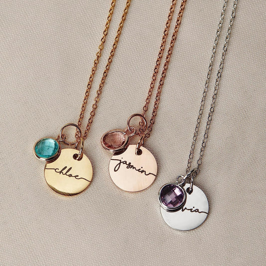 Birthstone Name Necklace - Personalized Disc with Crystal Charm