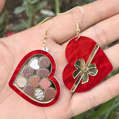 Heart Chocolate Box Earrings - Novelty Valentine's Day Earrings with Bow and Candy Design