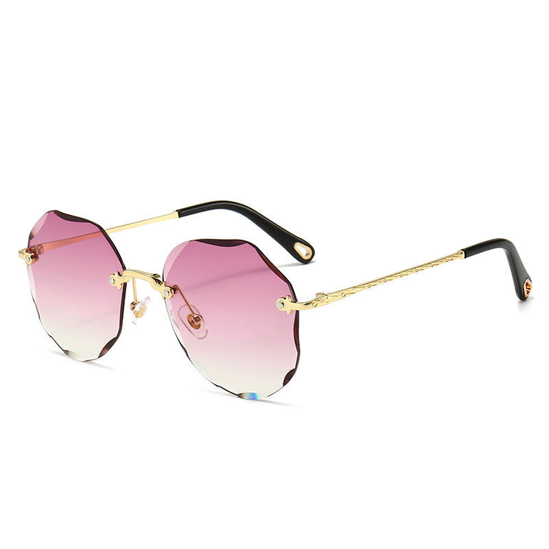 Gradient Round Sunglasses - Rimless Circle Frame Sunglasses with Scalloped Edge Design