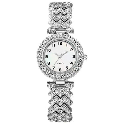 Crystal Watch & Bracelet Set - Pavé Bezel Quartz Watch with Heart Link Bracelet
