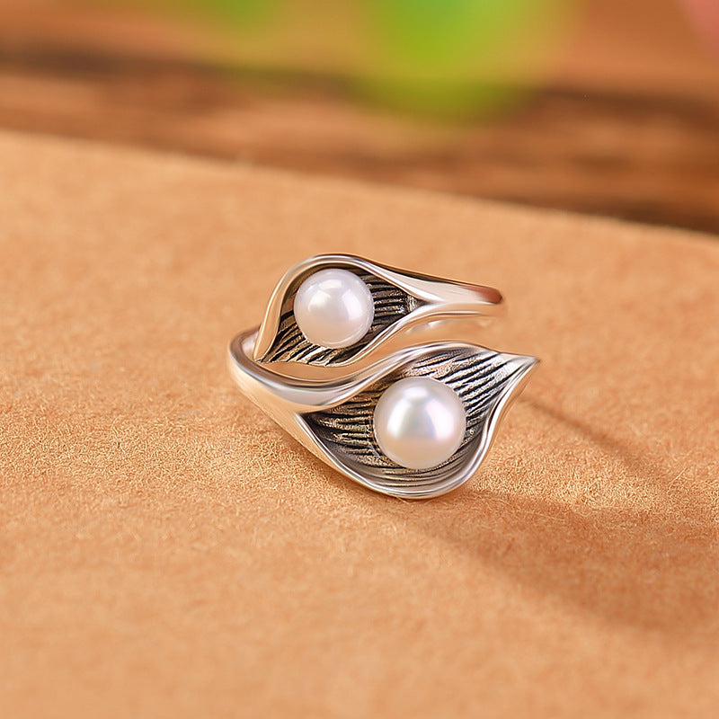 Twin Pearl Adjustable Ring - Open Silver Ring with Double Pearl Accents