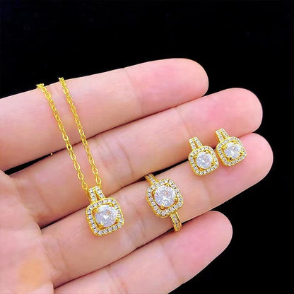 Crystal Jewelry Set - 3-Piece Halo Necklace, Earrings & Ring Set