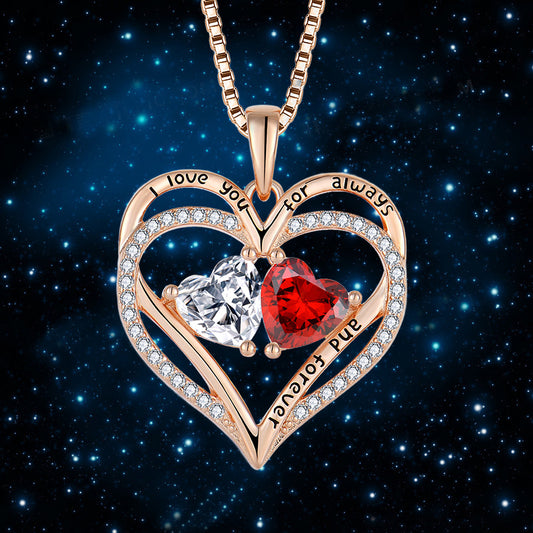 Double Heart Birthstone Necklace - S925 Silver "I Love You" Pendant with Crystal Hearts in Rose Gold