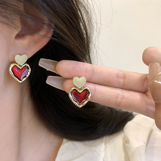 Red & Gold Heart Stud Earrings - Double Layer Heart Post Earrings with Enamel