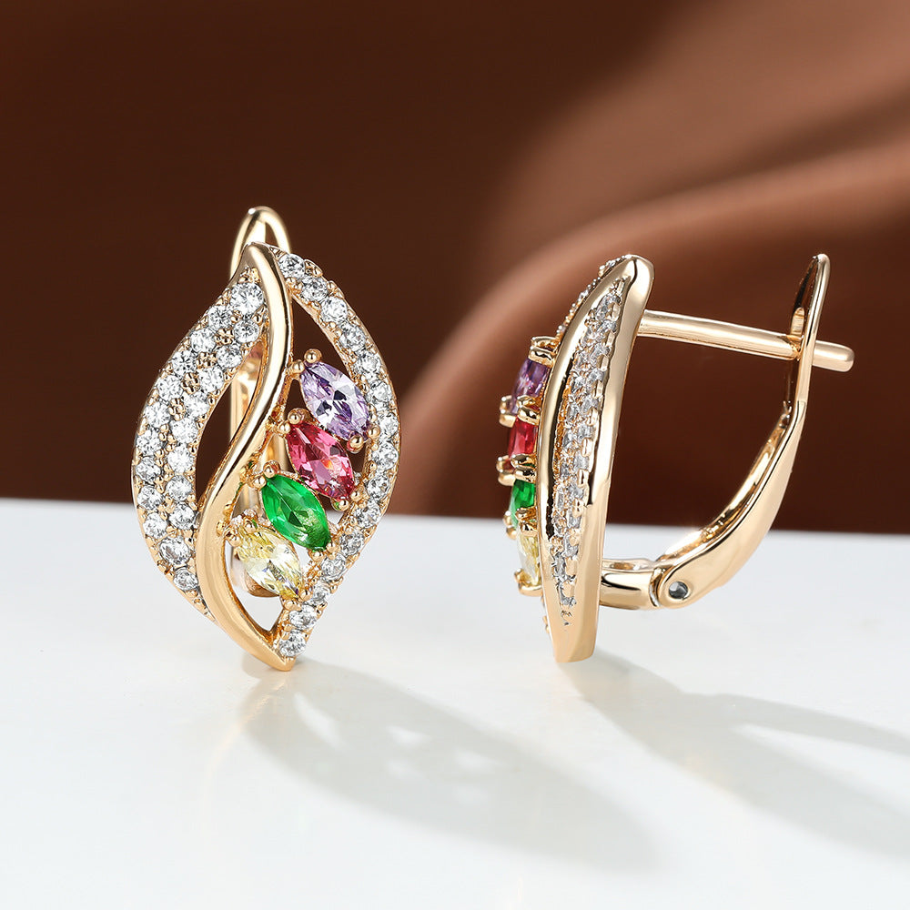 Crystal Leaf Earrings - Gold Hoop-Stud Earrings with Colorful Gemstone Leaf Design