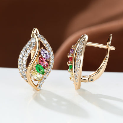 Crystal Leaf Earrings - Gold Hoop-Stud Earrings with Colorful Gemstone Leaf Design