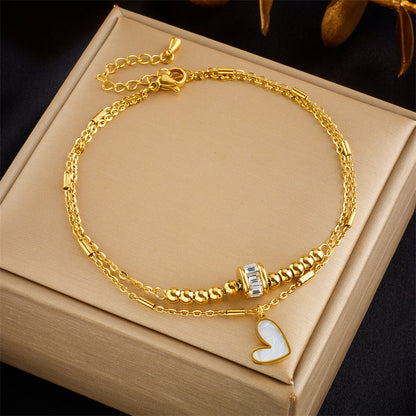 Layered Heart Anklet - Gold Double Chain Anklet with Enamel Heart Charm