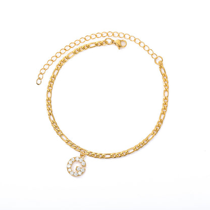 Crystal Initial Anklet - Gold or Silver Figaro Chain with Letter Charm (A-Z)