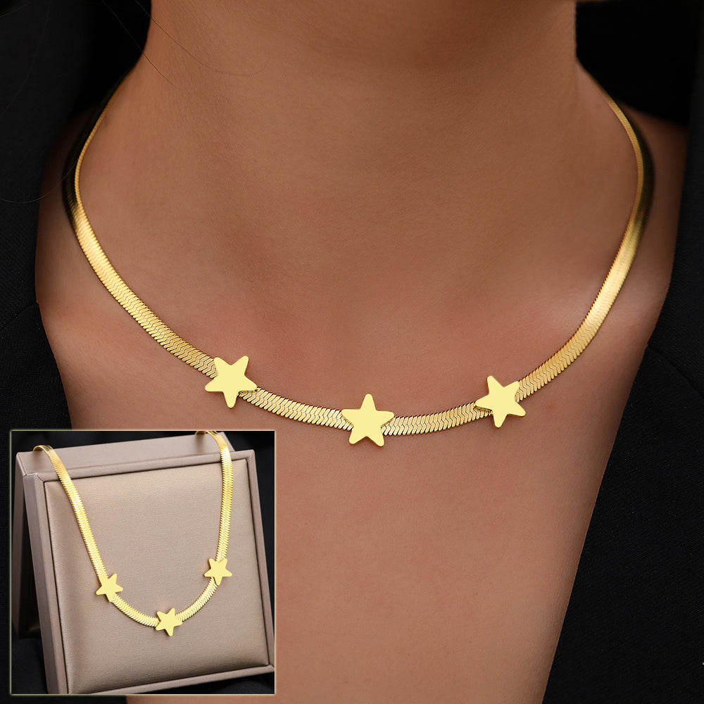 Three Star Necklace - Minimalist Choker Necklace with Gold Star Accent Design