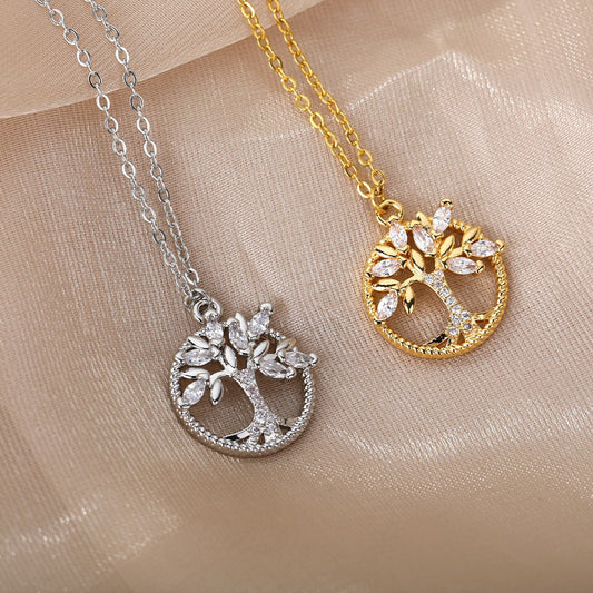 Crystal Tree of Life Necklace - Gold or Silver Necklace with Rhinestones