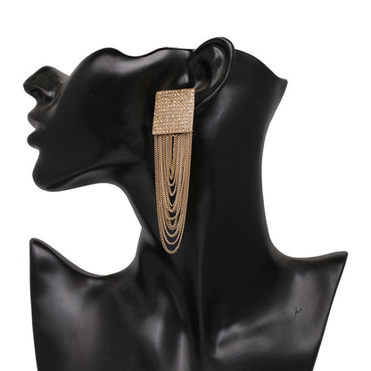 Gold Chain Tassel Earrings - Crystal Square Stud with Cascading Chain Fringe