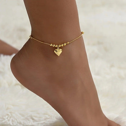 Gold Heart Anklet - Delicate Beaded Chain Anklet with Heart Charm Pendant
