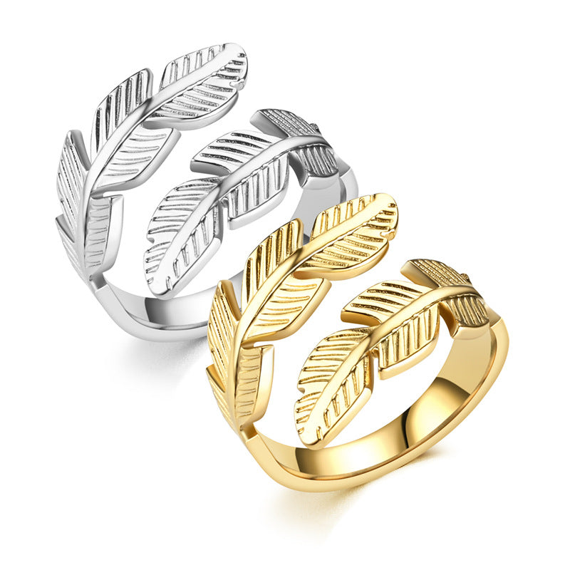 Feather Wrap Ring - Adjustable Open Ring with Double Leaf Design in Gold or Silver