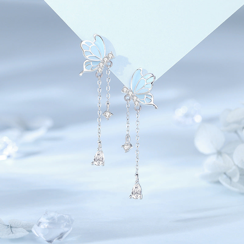 Luminous Butterfly Earrings - S925 Silver Long Chain Drop with Blue Enamel Wings