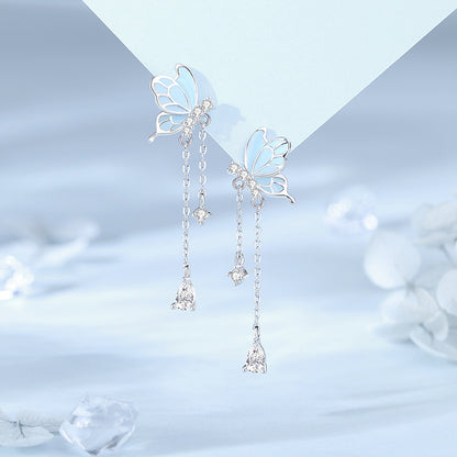 Luminous Butterfly Earrings - S925 Silver Long Chain Drop with Blue Enamel Wings