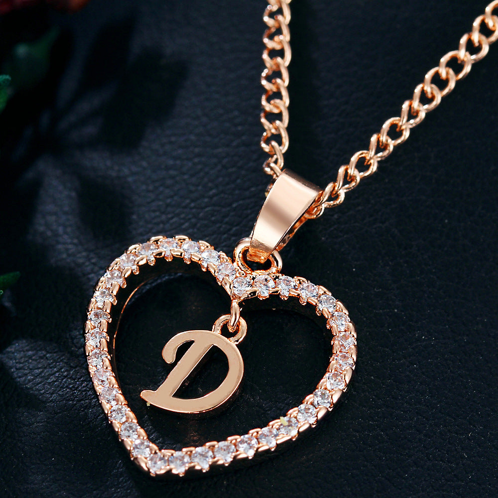 Crystal Heart Initial Necklace - Rose Gold Letter Pendant Necklace with Crystal Border (A-Z)