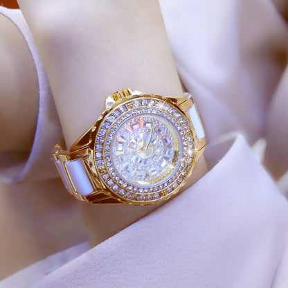 Crystal Bezel Watch - Luxury Women's Watch with Pavé Diamond Face and Metal Band (3 Colors)