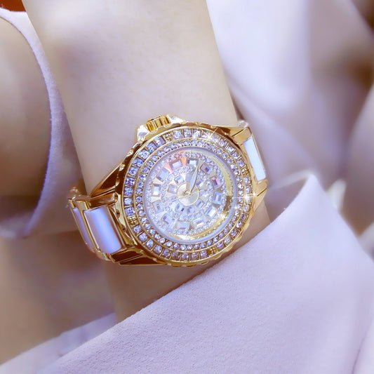 Crystal Bezel Watch - Luxury Women's Watch with Pavé Diamond Face and Metal Band (3 Colors)