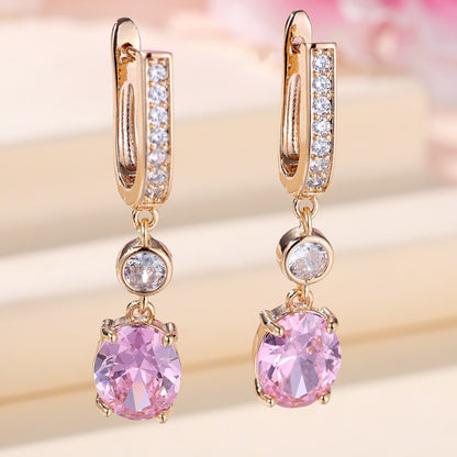 Pink Crystal Drop Earrings - Gold Huggie Hoops with Double Stone Dangle