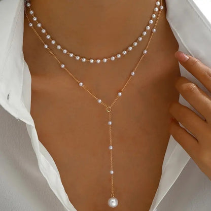Layered Pearl Necklace Set - Gold Chain with Pearl Choker and Y-Drop Lariat