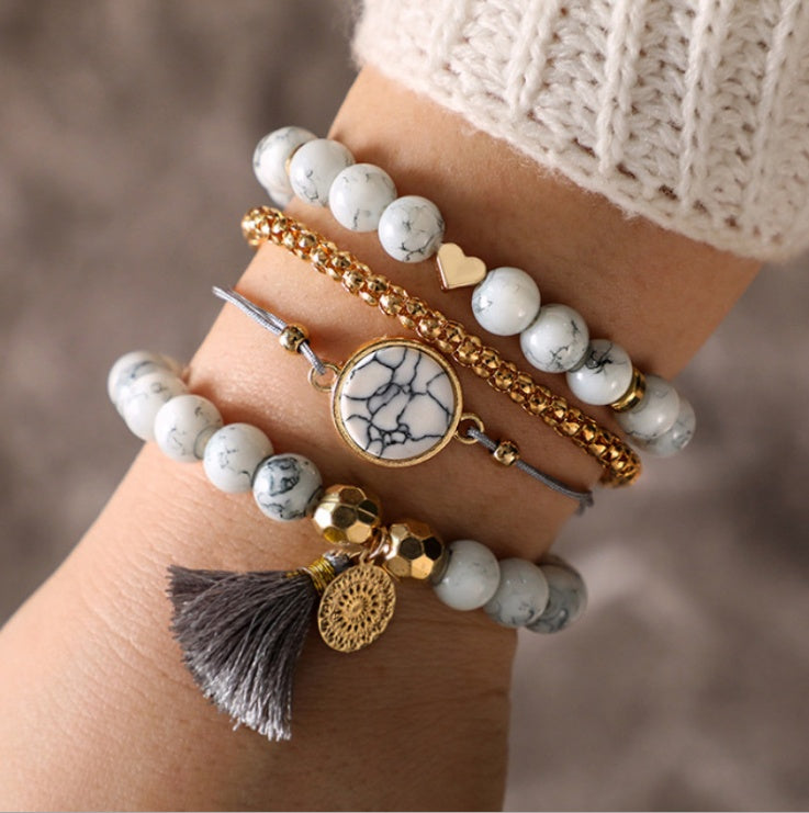 Marble Bead Bracelet Set - 4-Piece Stack with White Howlite Beads and Mixed Charms