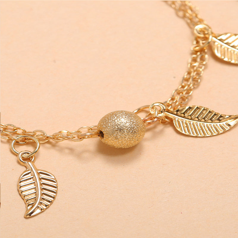 Gold Leaf Charm Anklet - Layered Chain Anklet with Dangling Leaf Charms