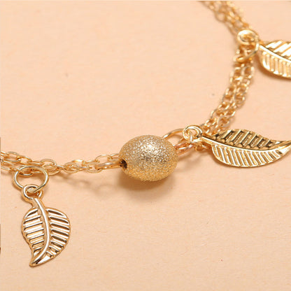Gold Leaf Charm Anklet - Layered Chain Anklet with Dangling Leaf Charms