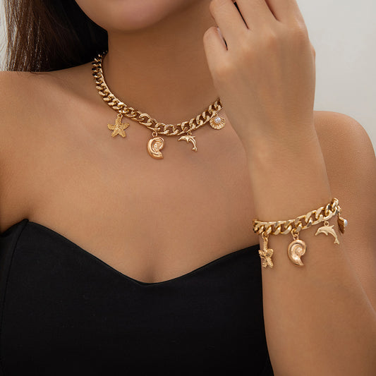 Beachy Charm Necklace & Bracelet - Gold Chain Jewelry with Moon, Star & Shell Dangles