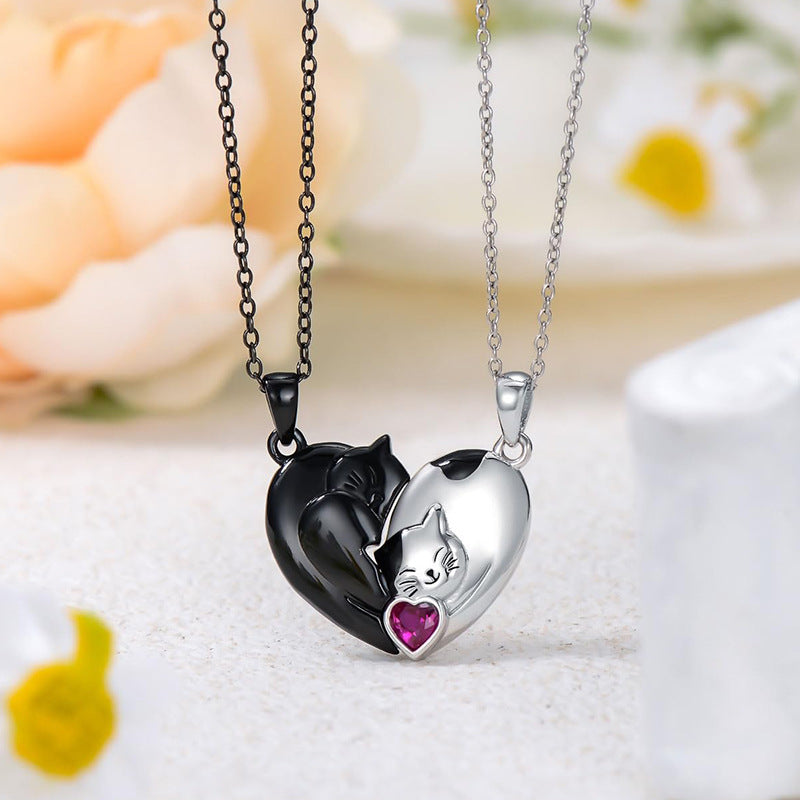 Couple Cat Necklace Set - His & Hers Matching Heart Pendant Necklaces with Crystal