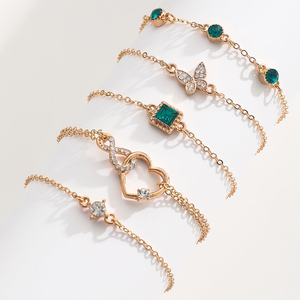Layered Charm Bracelet Set - 5-Piece Delicate Chain Bracelets with Emerald Green Crystals in Gold or Silver