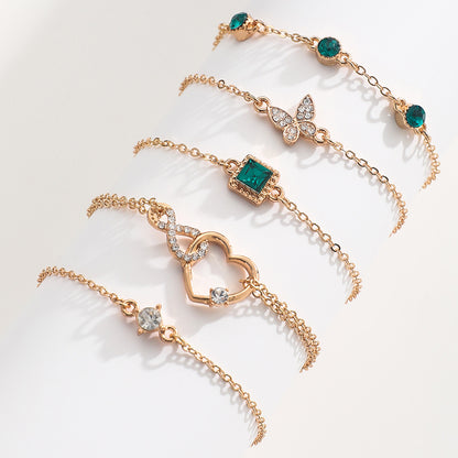 Layered Charm Bracelet Set - 5-Piece Delicate Chain Bracelets with Emerald Green Crystals in Gold or Silver
