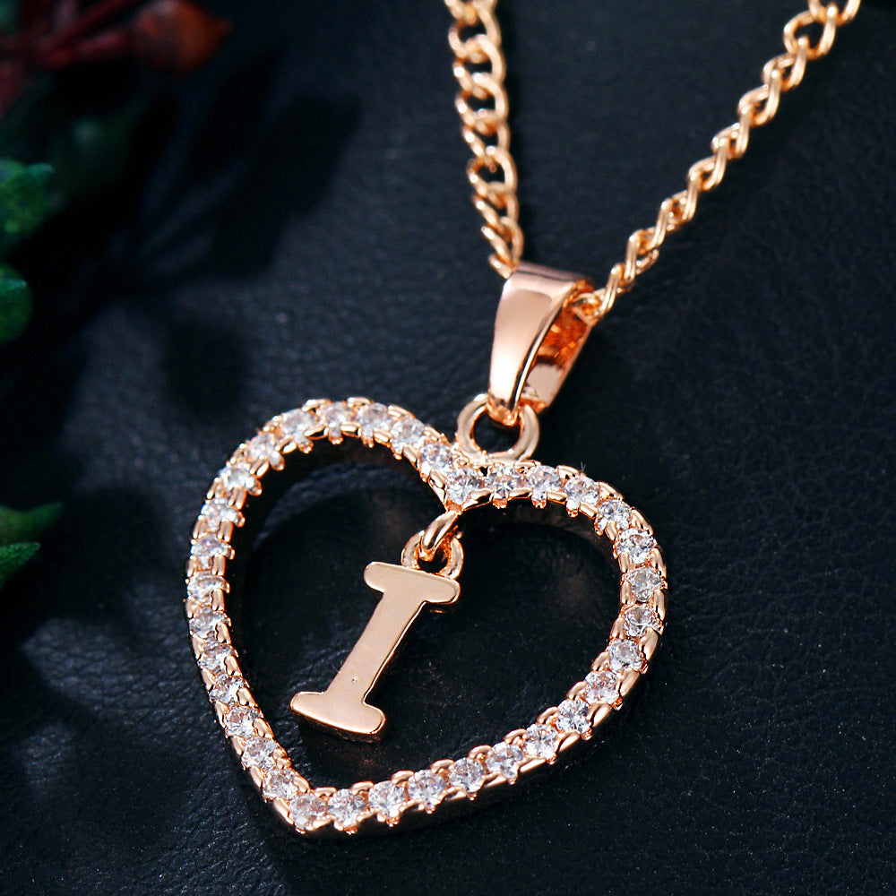 Crystal Heart Initial Necklace - Rose Gold Letter Pendant Necklace with Crystal Border (A-Z)