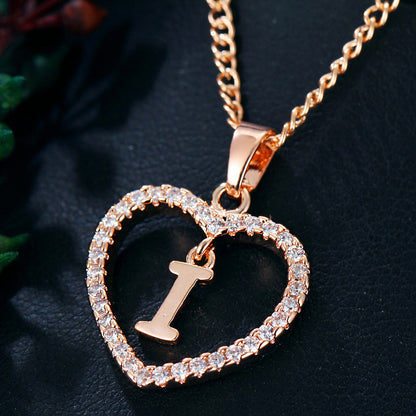 Crystal Heart Initial Necklace - Rose Gold Letter Pendant Necklace with Crystal Border (A-Z)