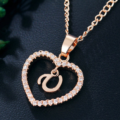 Crystal Heart Initial Necklace - Rose Gold Letter Pendant Necklace with Crystal Border (A-Z)