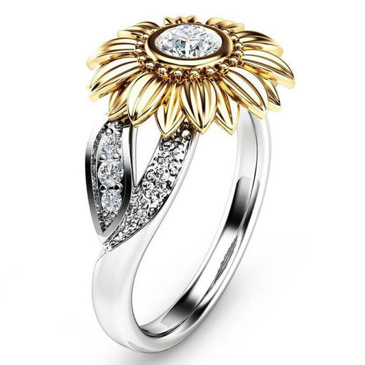 Two-Tone Sunflower Ring - Gold & Silver Crystal Flower Ring