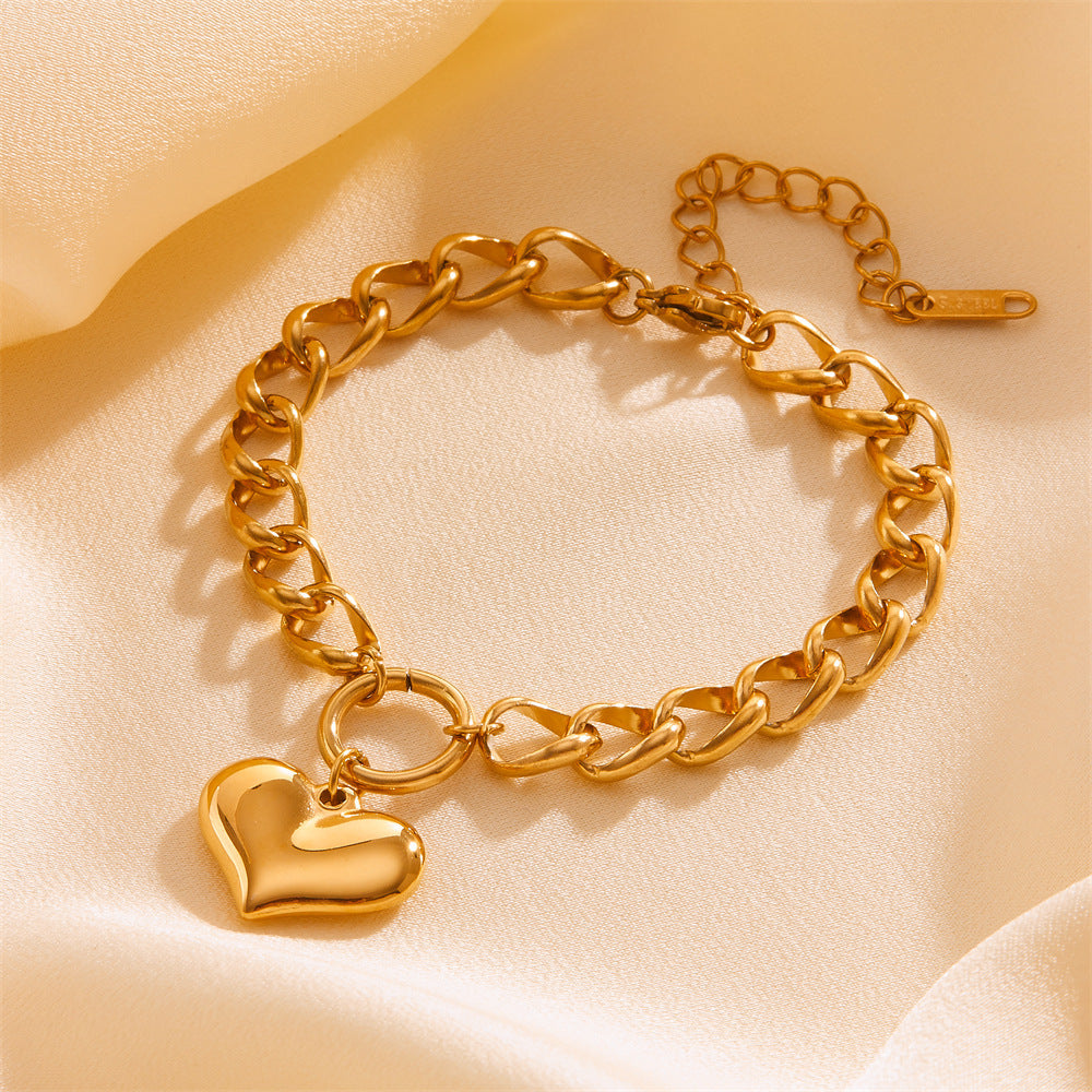 Chunky Chain Bracelet - Gold Curb Link with Puffed Heart Charm