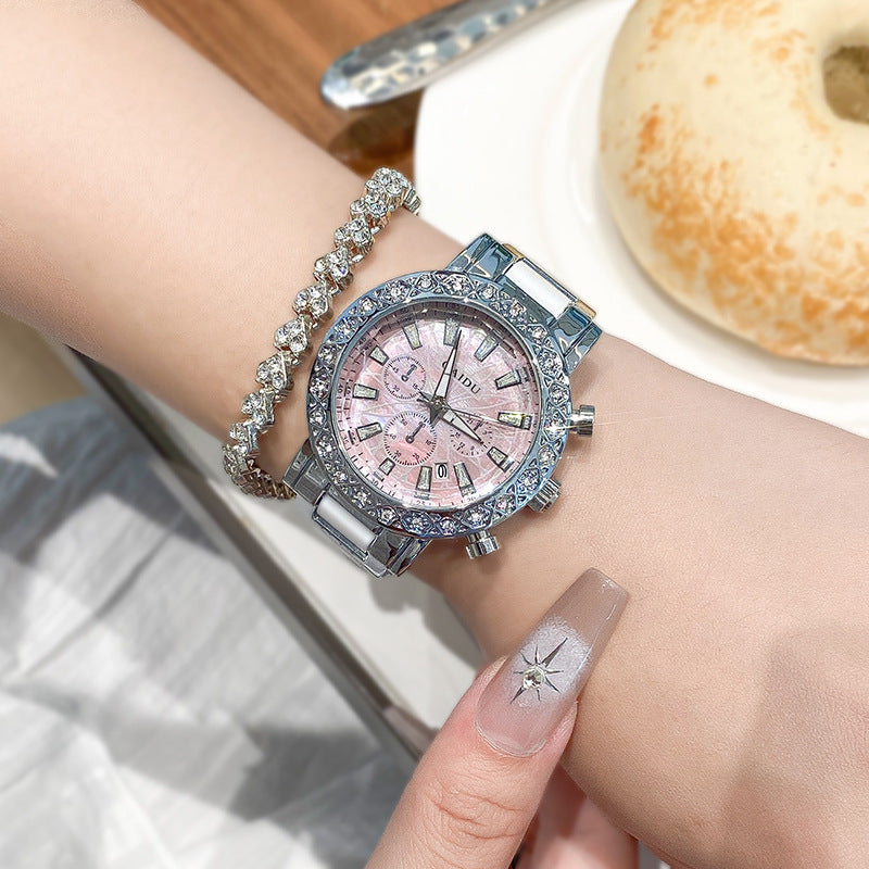 Luxury Crystal Watch - Chronograph Dial Watch with Crystal-Studded Bezel (White, Pink, Blue)