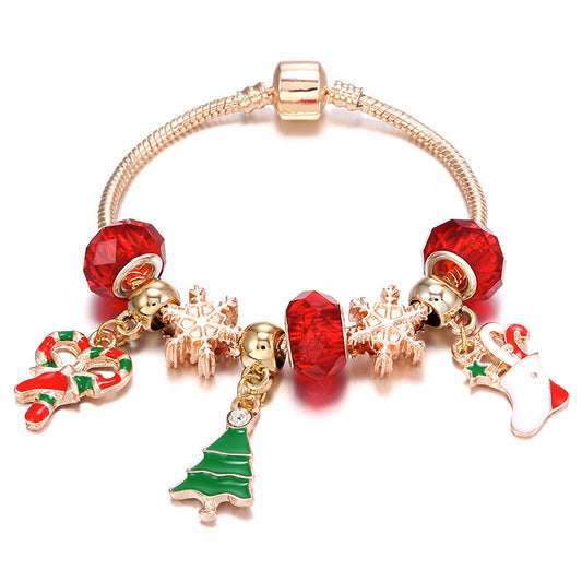 Christmas Charm Bracelet - Rose Gold Holiday Bracelet with Festive Charms and Crystal Beads