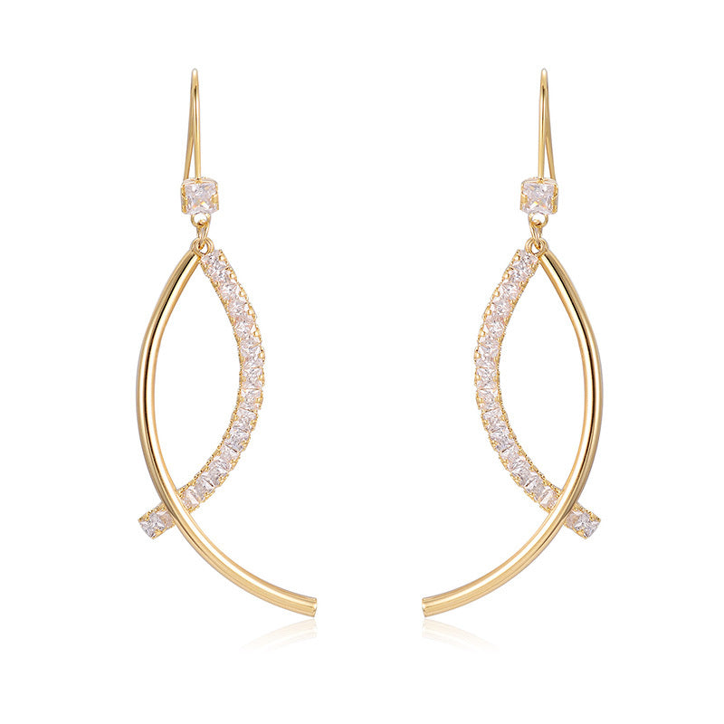 Curved Bar Drop Earrings - Gold Geometric Dangle with Crystal Accents