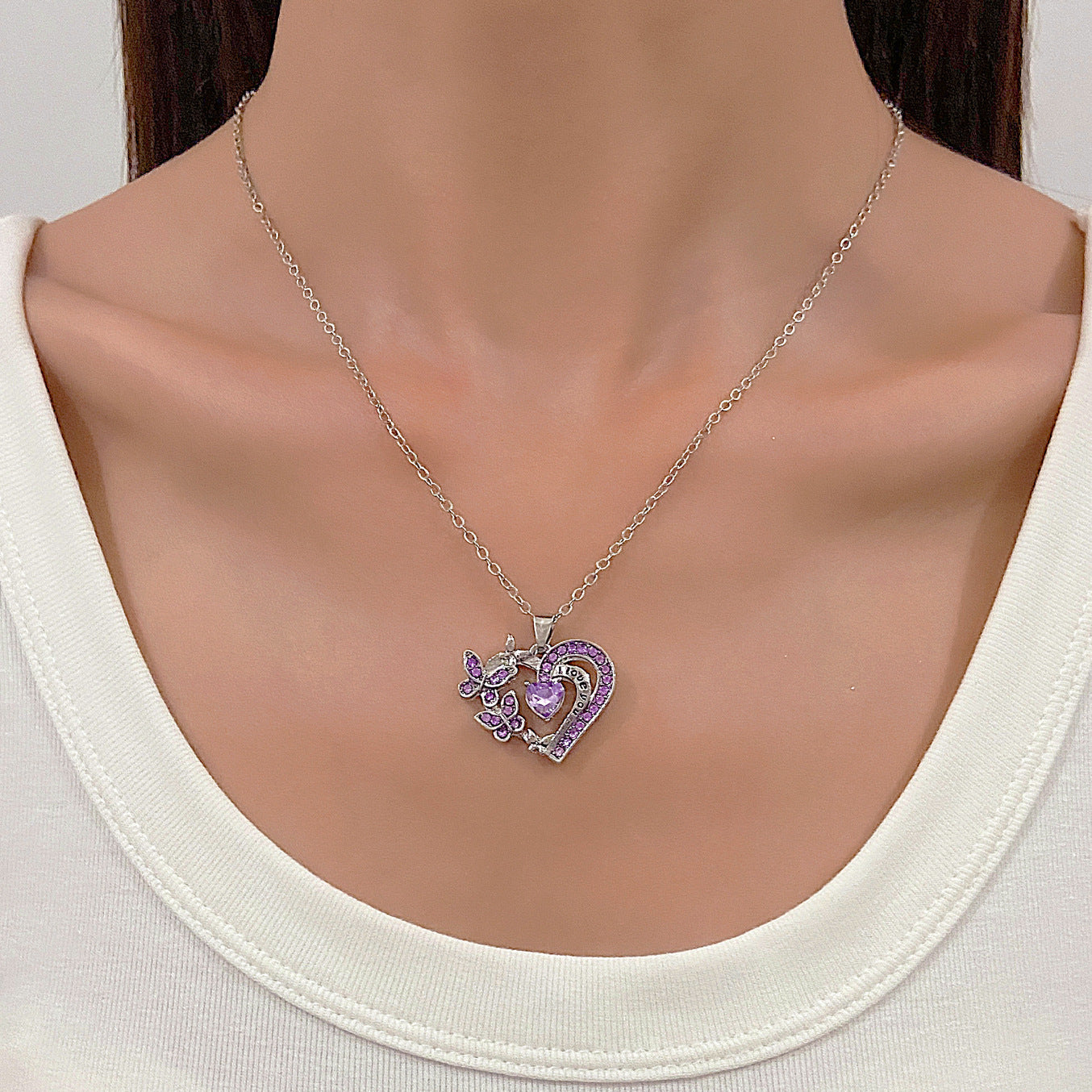 Crystal Heart Butterfly Necklace - "I Love You" Engraved Pendant in 3 Colors