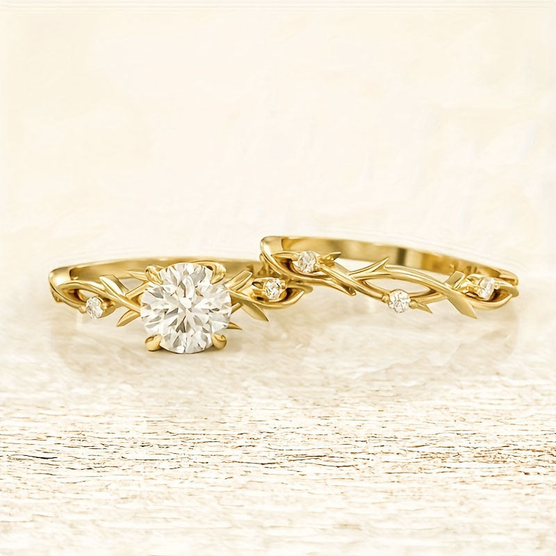 Botanical Ring Set - Gold Leaf Design Band and Solitaire Crystal Ring (2 Pieces)