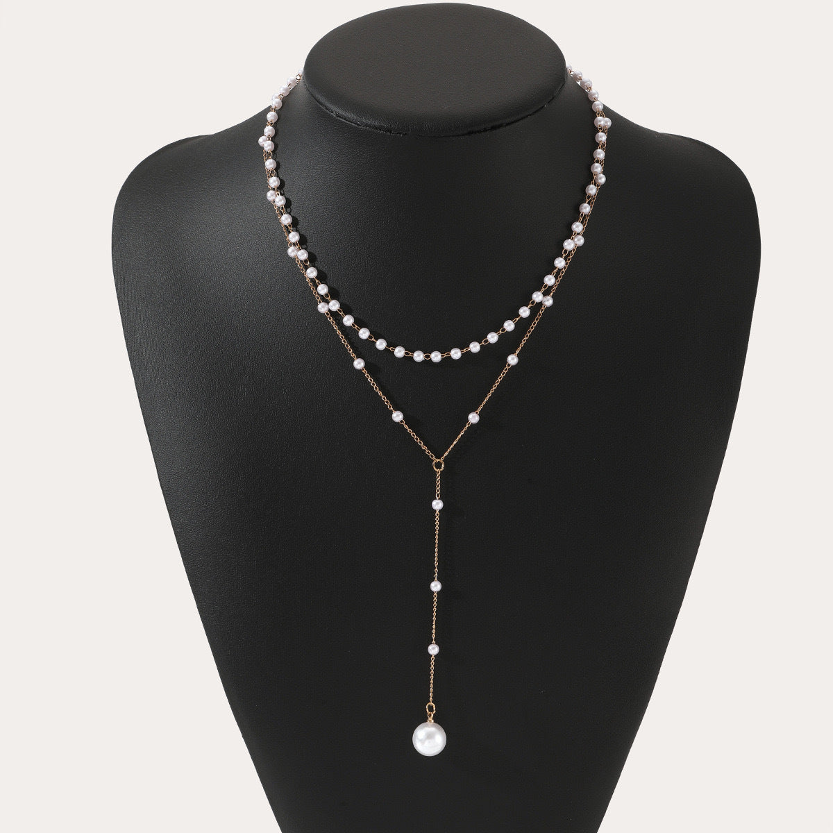 Layered Pearl Necklace Set - Gold Chain with Pearl Choker and Y-Drop Lariat