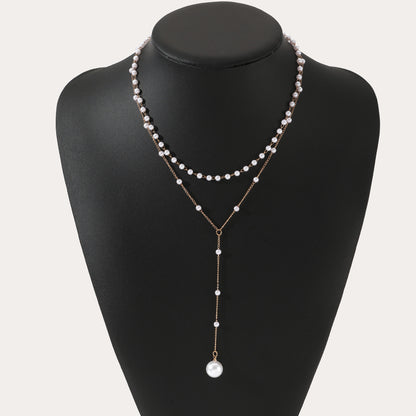 Layered Pearl Necklace Set - Gold Chain with Pearl Choker and Y-Drop Lariat
