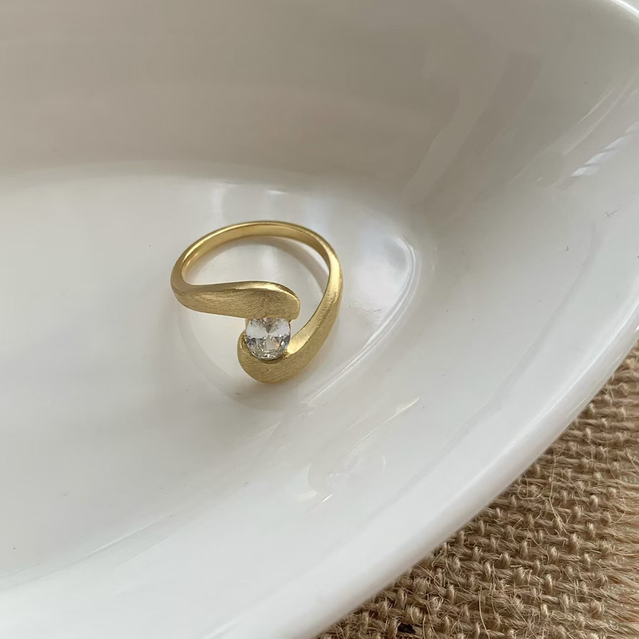 Contemporary Twist Ring - Brushed Gold Geometric Ring with Crystal Stone