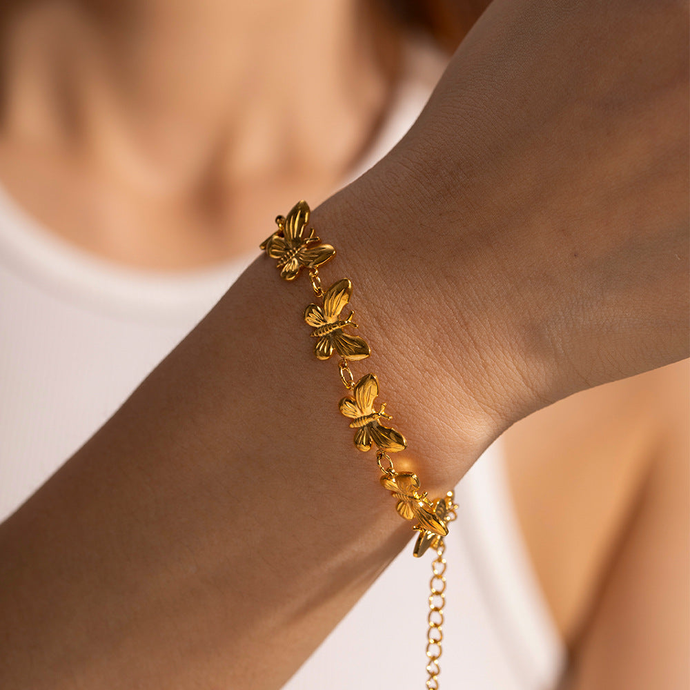 Gold Butterfly Bracelet - Linked Butterfly Chain Bracelet with Adjustable Clasp