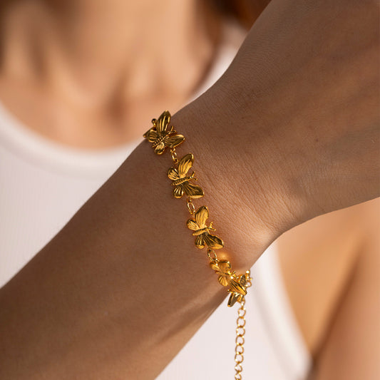 Gold Butterfly Bracelet - Linked Butterfly Chain Bracelet with Adjustable Clasp